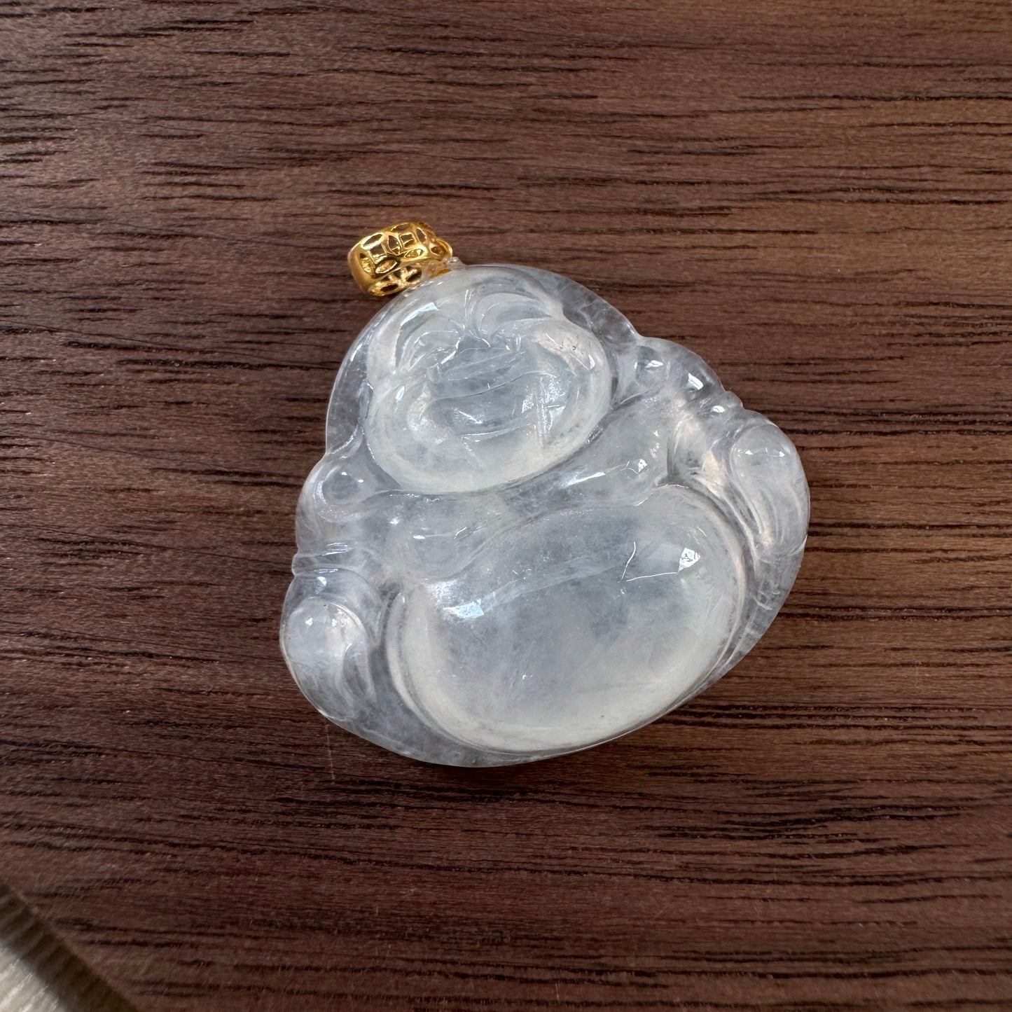 18k Gold Laughing Buddha Jadeite Pendant (Icy)