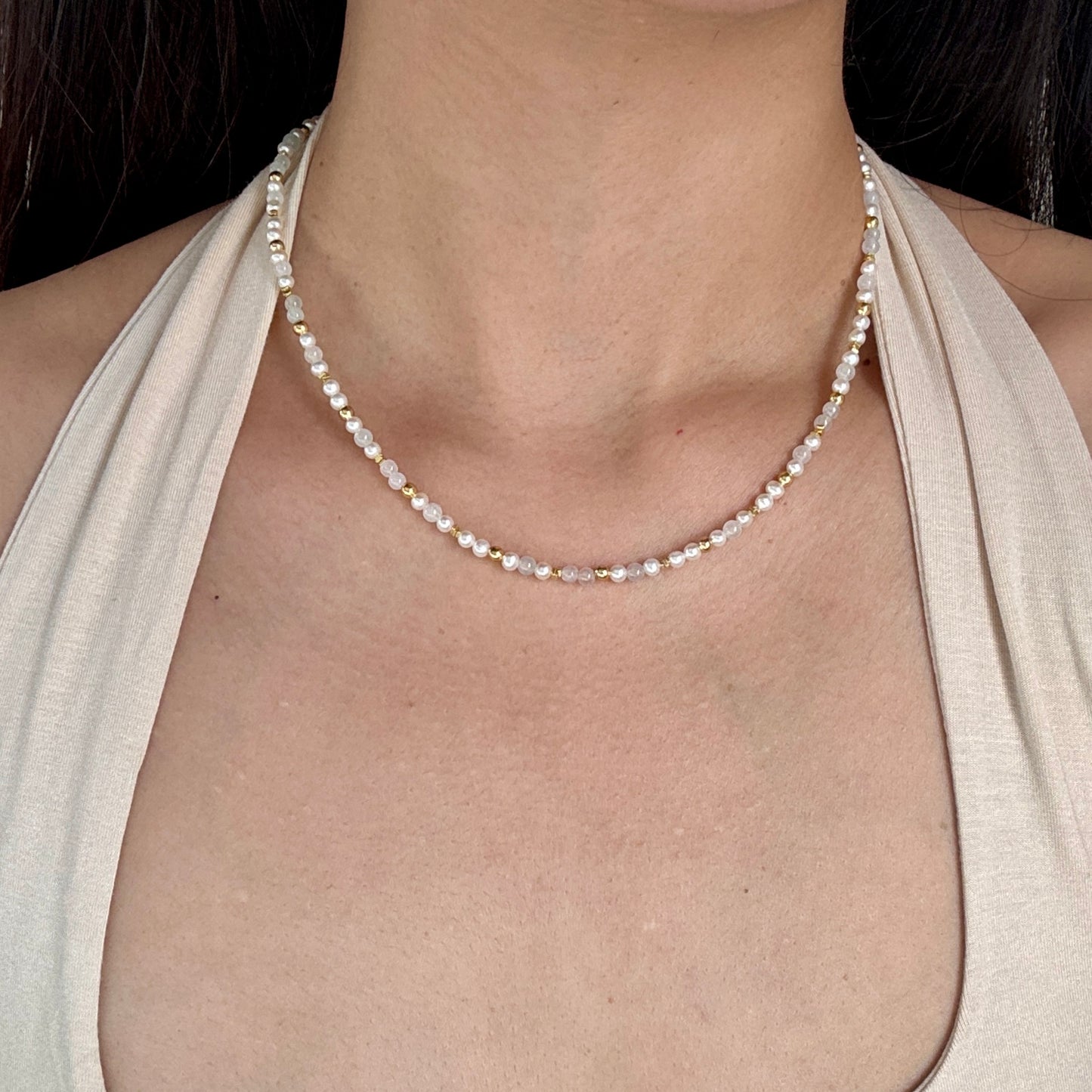 ESTUARY | Freshwater Pearl x Jadeite Beaded Necklace