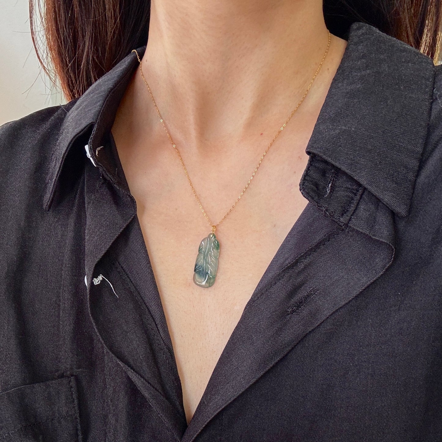 18k Gold Feather Jadeite Pendant