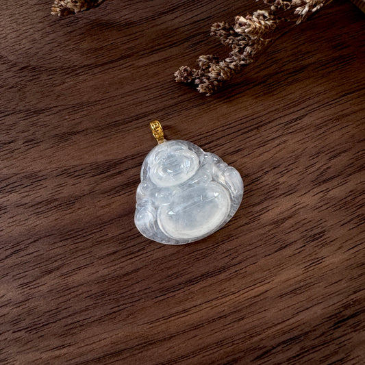 18k Gold Laughing Buddha Jadeite Pendant (Icy)