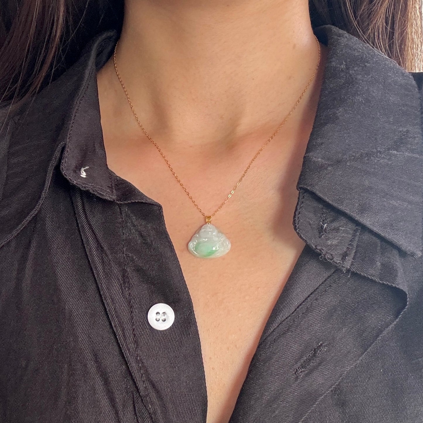 18k Gold Laughing Buddha Jadeite Pendant (small)