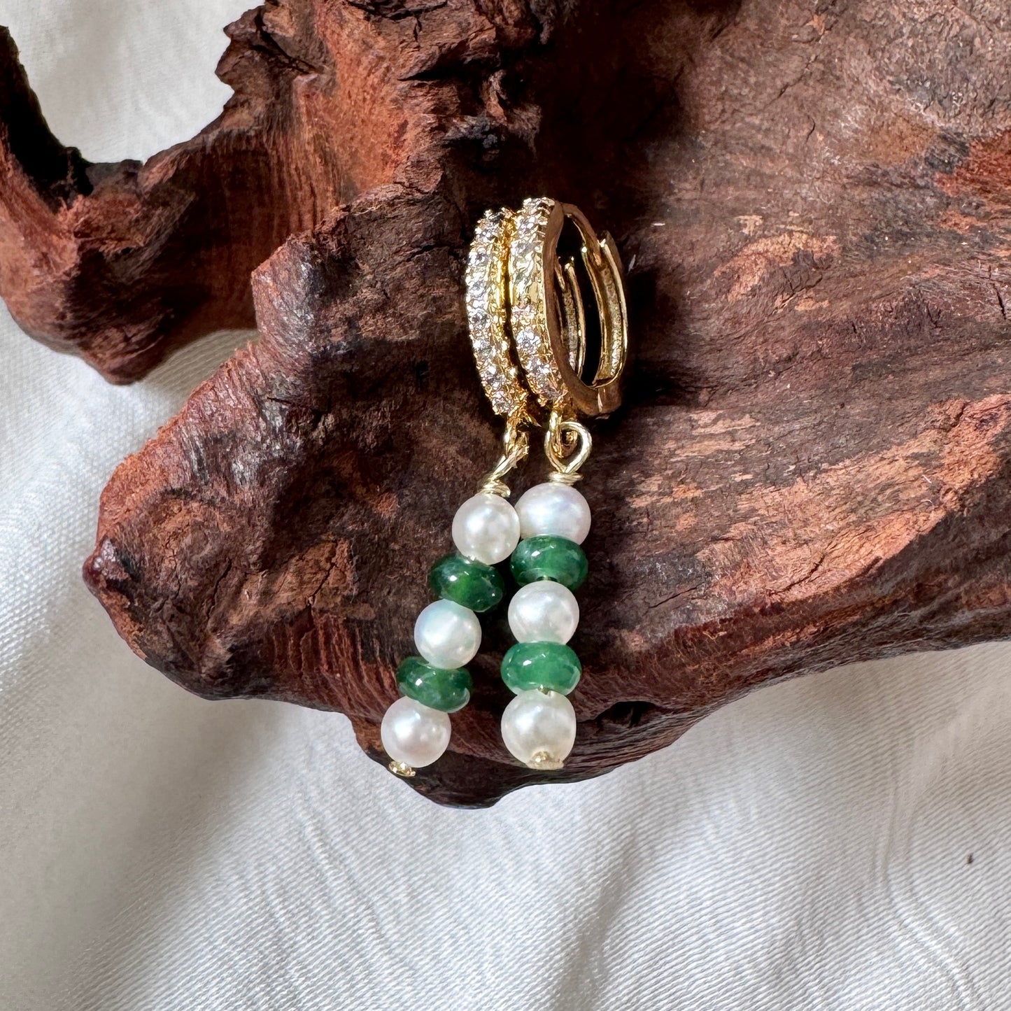 ESTUARY | Freshwater Pearl x Jadeite Huggies