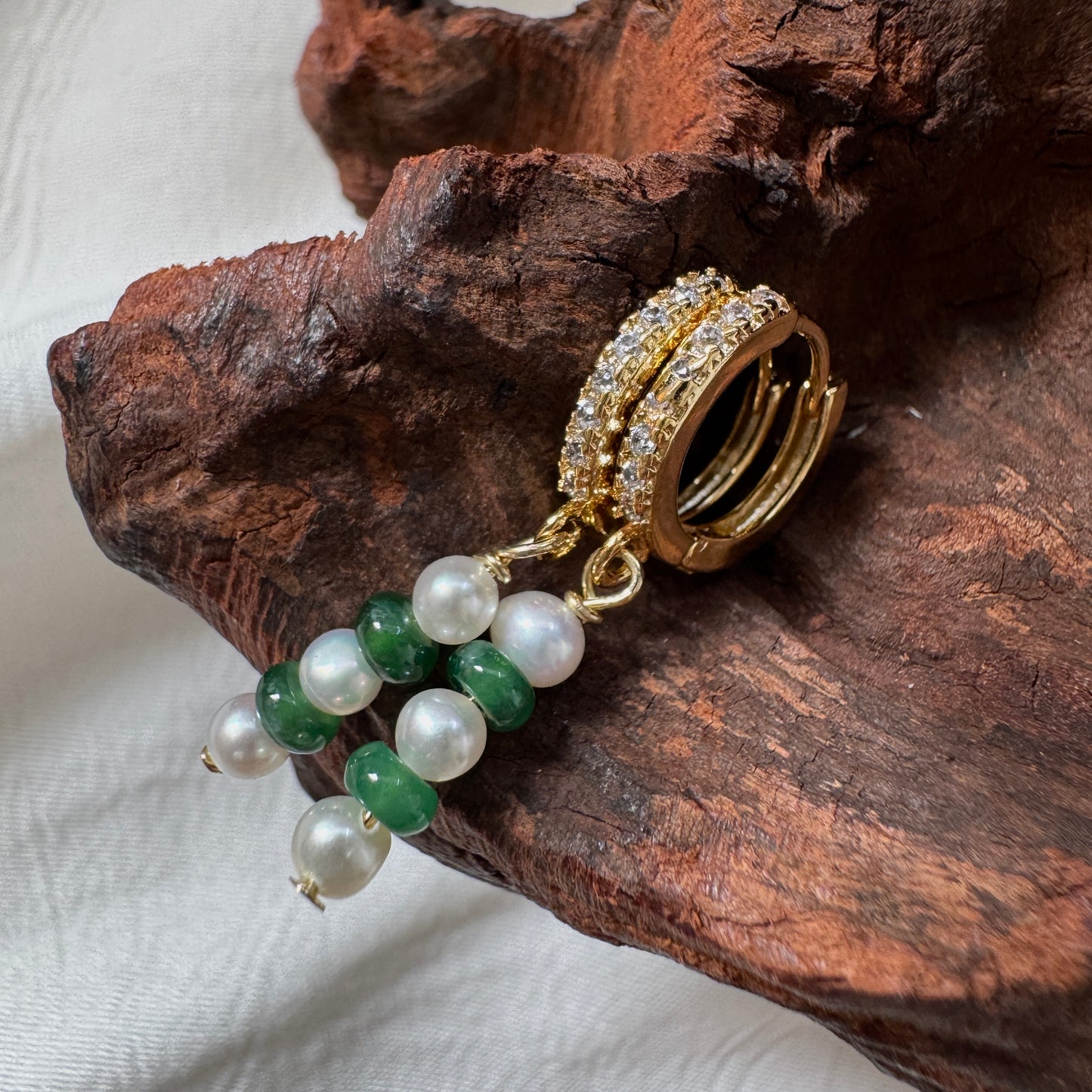 ESTUARY | Freshwater Pearl x Jadeite Huggies